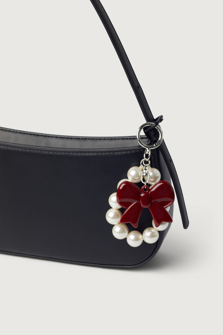 PEARL AND RIBBON PENDANT BAG CHARM in Red — alternate angle