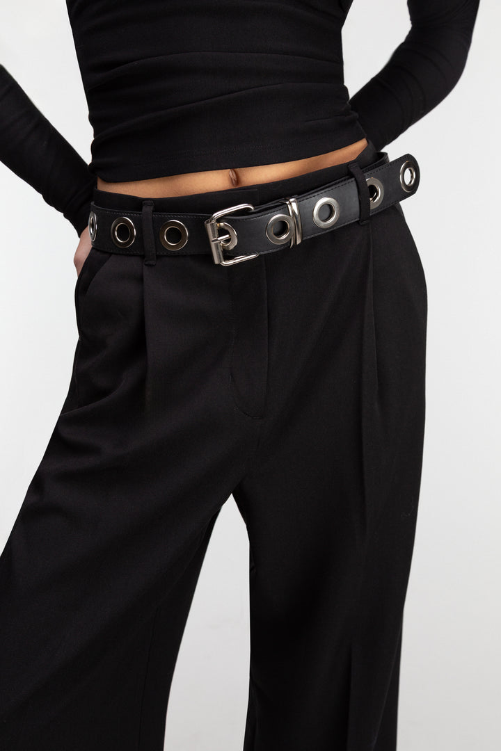 VEGAN LEATHER EYELET BELT in Black — alternate angle