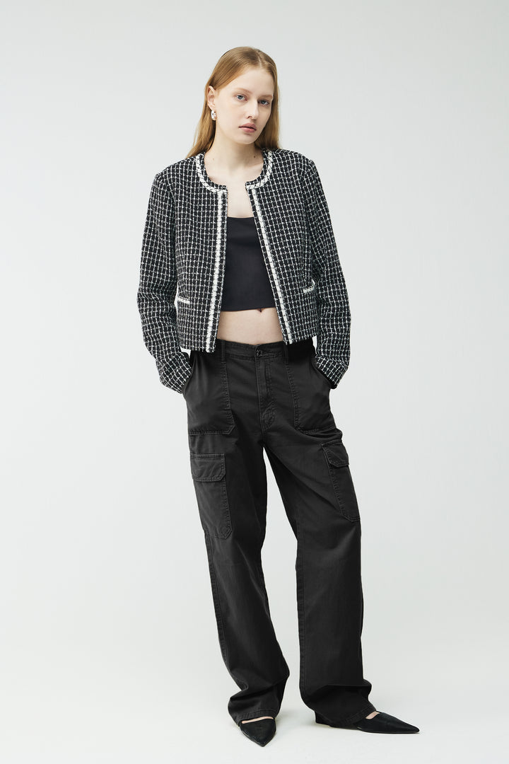 TWEED COLLARLESS BLAZER in Black Cream Grid — alternate angle