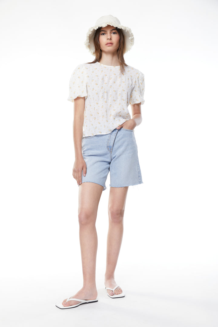 CRINKLED FLORAL TOP in Pale Yellow — alternate angle