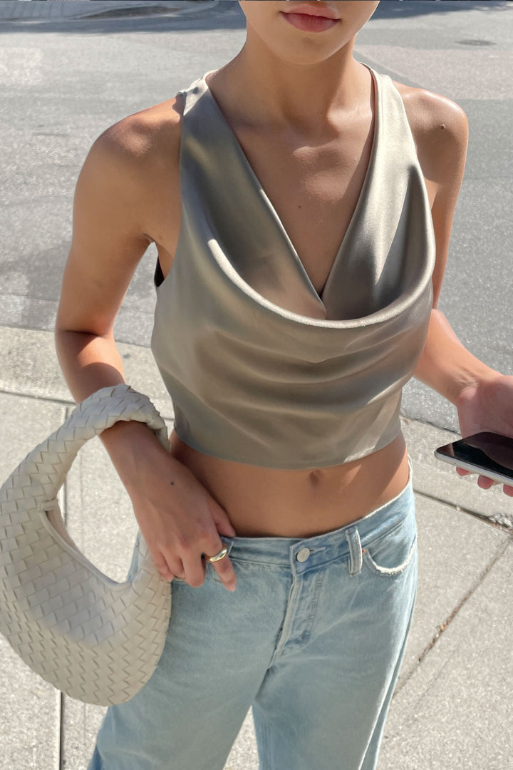 SATIN COWL NECK SLEEVELESS BLOUSE in Silver Sage — alternate angle