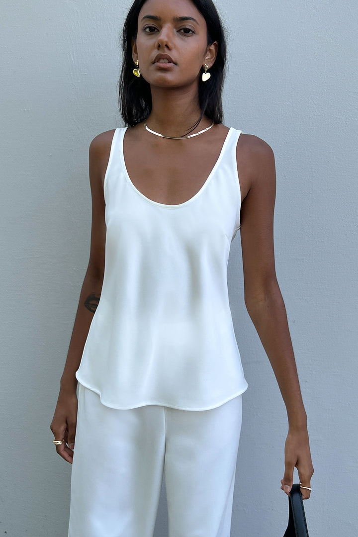 SATIN CREPE SCOOP NECK TANK in Cream — alternate angle