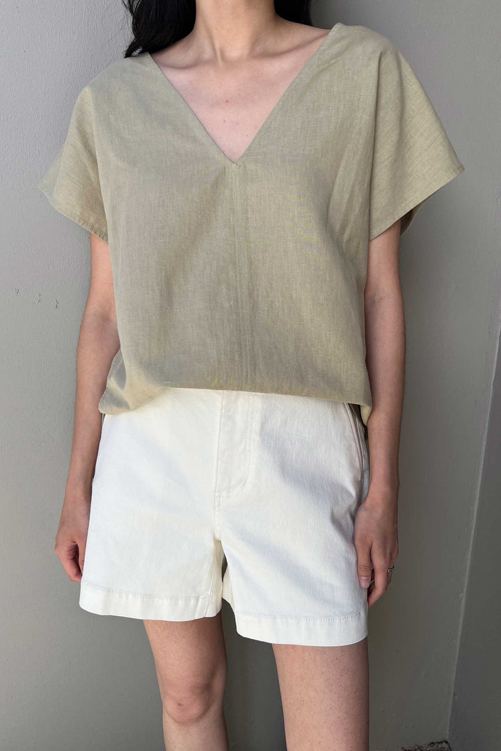 LINEN BLEND V-NECK BLOUSE in Elm — alternate angle