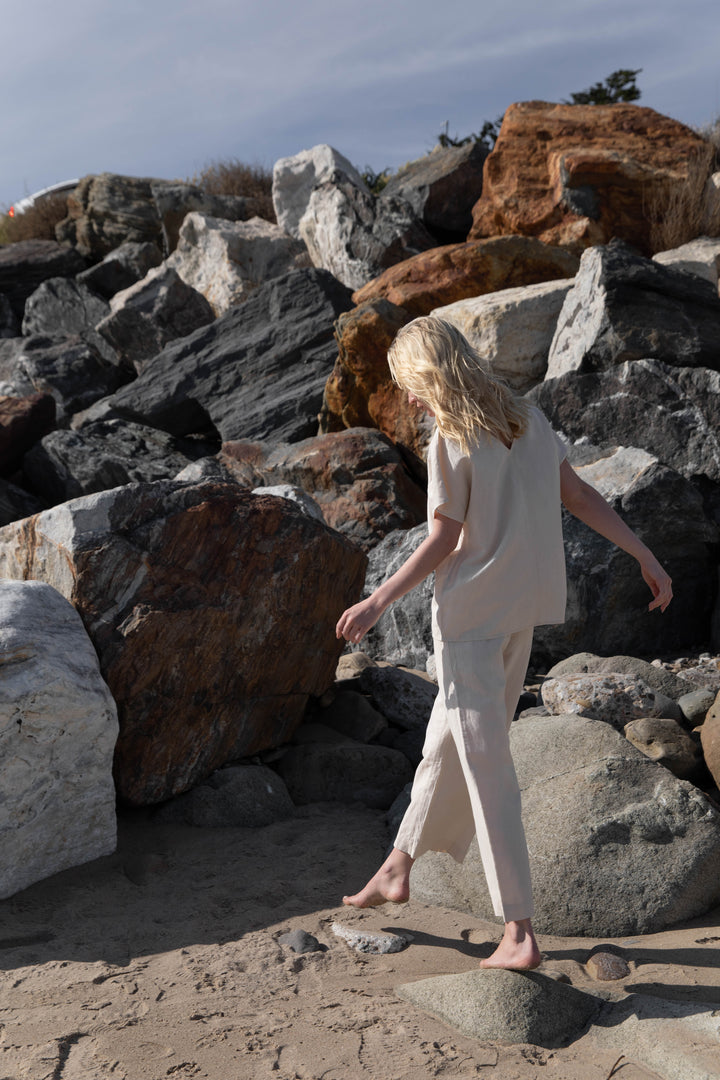 LINEN BLEND V-NECK BLOUSE in Oatmeal — alternate angle