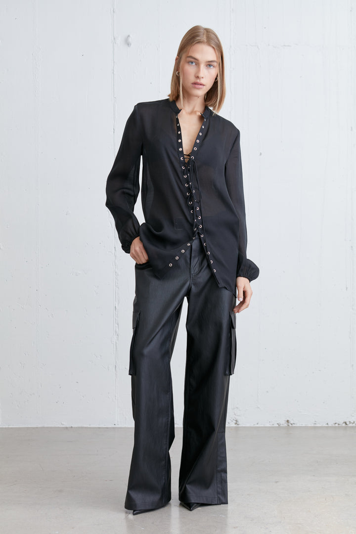 LACE-UP CHIFFON BLOUSE in Black — alternate angle