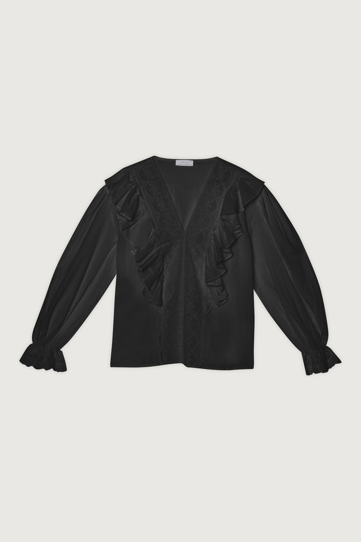 RUFFLED V-NECK BLOUSE in Black — alternate angle