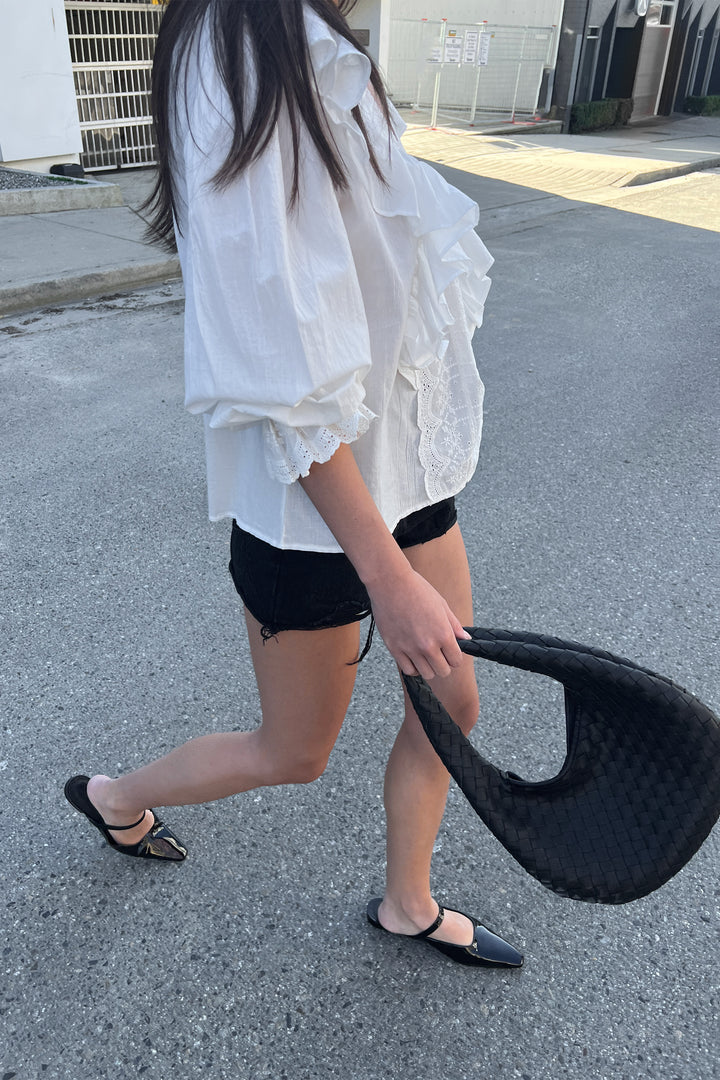 RUFFLED V-NECK BLOUSE in White — alternate angle
