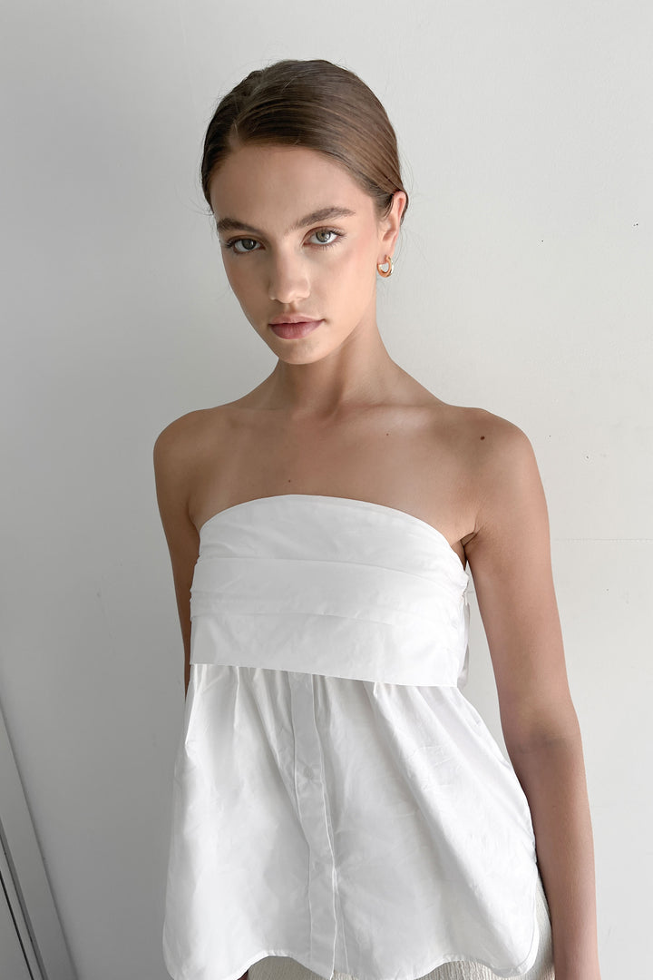 WOVEN TUBE TOP WITH GATHER DETAIL in White — alternate angle
