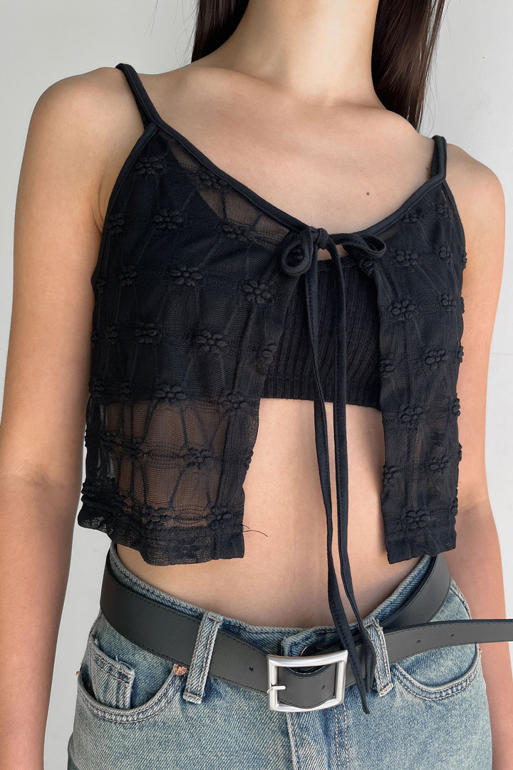 SHEER TANK WITH TIE FRONT in Black — alternate angle
