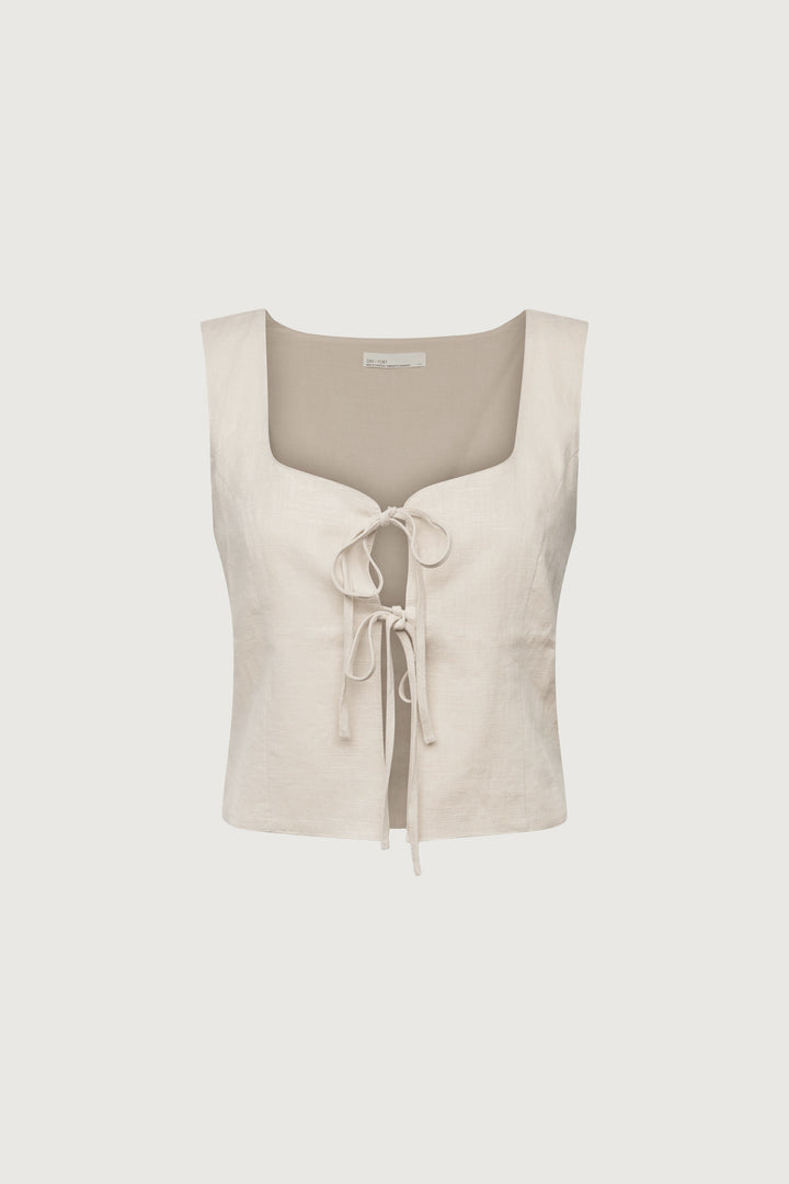 LINEN BLEND TIE FRONT TANK TOP in Seashell — alternate angle