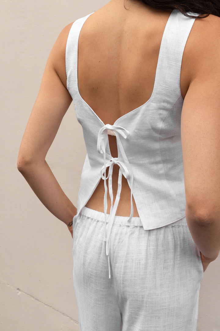 LINEN BLEND TIE FRONT TANK TOP in White — alternate angle