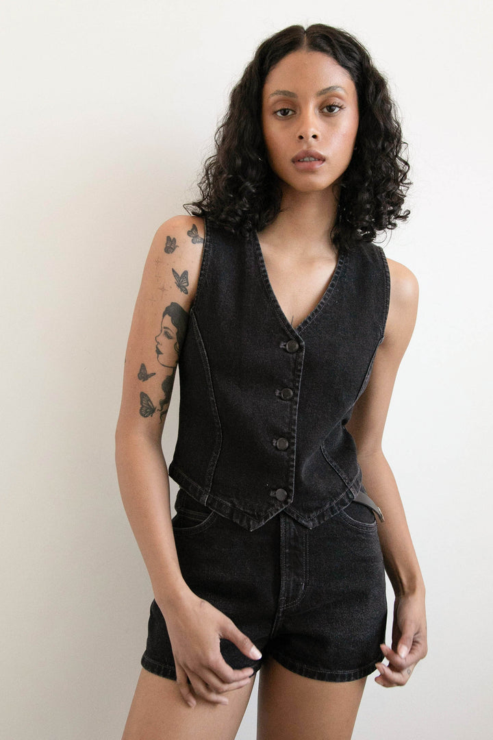 BLACK DENIM VEST in Washed Black — alternate angle