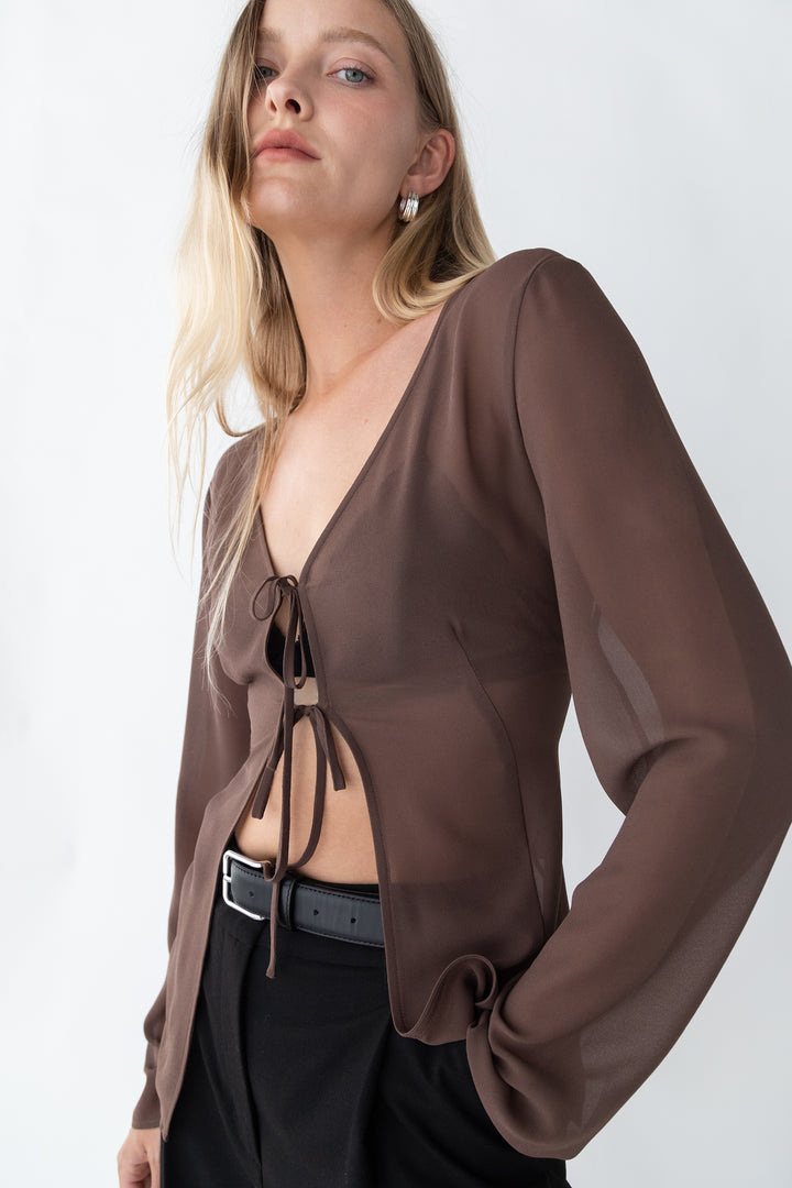 CHIFFON TIE FRONT BLOUSE in Dark Cocoa — alternate angle
