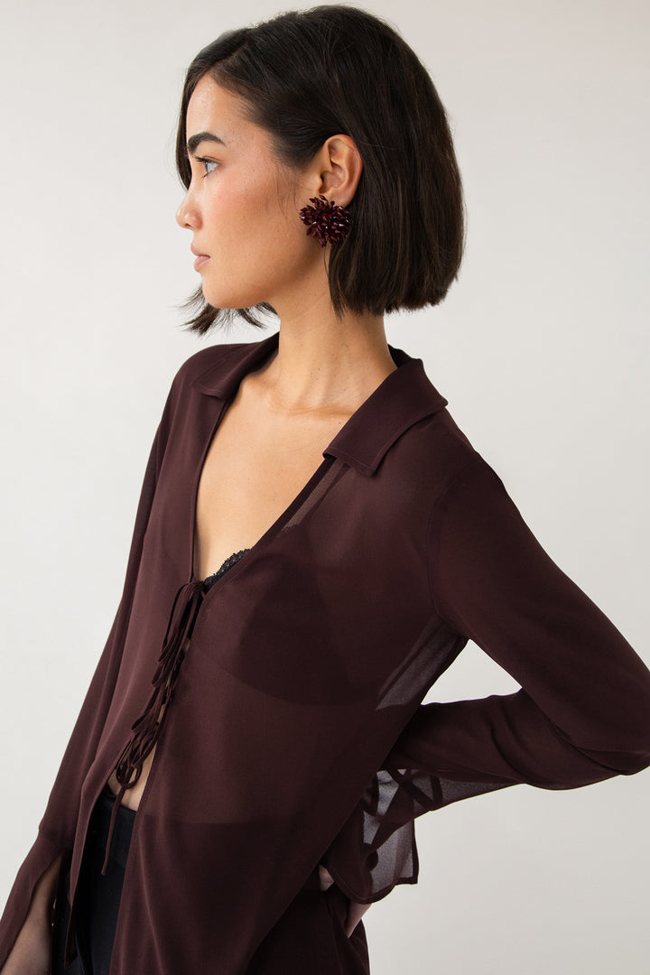 SHEER CHIFFON COLLARED TIE FRONT BLOUSE in Bitter Chocolate — alternate angle