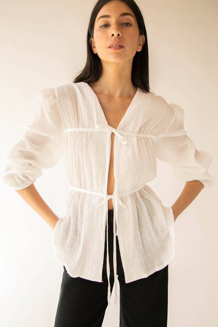 SHEER FRONT TIE BLOUSE in White — alternate angle