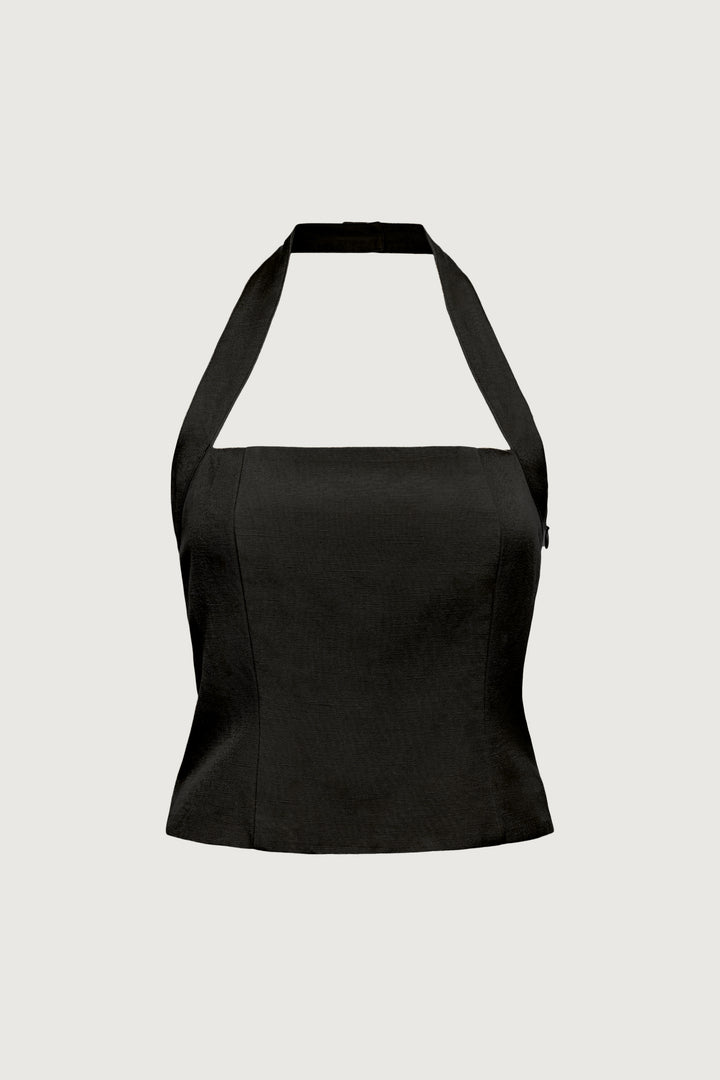 LINEN BLEND HALTER SQUARE NECK TOP in Black — alternate angle