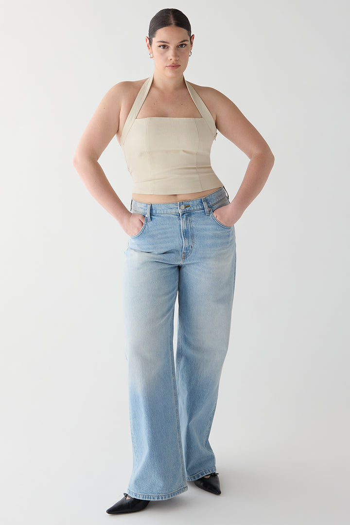 LINEN BLEND HALTER SQUARE NECK TOP in Seashell — alternate angle