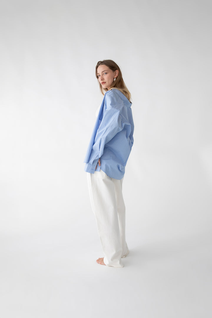 STRIPED COTTON POPLIN BUTTON FRONT SHIRT in Azurine Blue Stripe — alternate angle