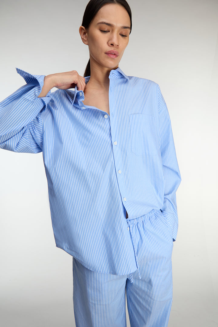 STRIPED COTTON POPLIN SHIRT in Azurine Blue Stripe — alternate angle