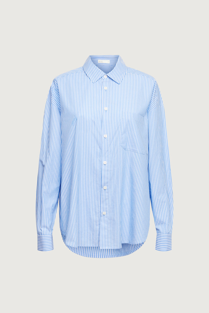 STRIPED COTTON POPLIN BUTTON FRONT SHIRT in Azurine Blue Stripe — alternate angle