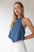 Denim open back top in blue — main image