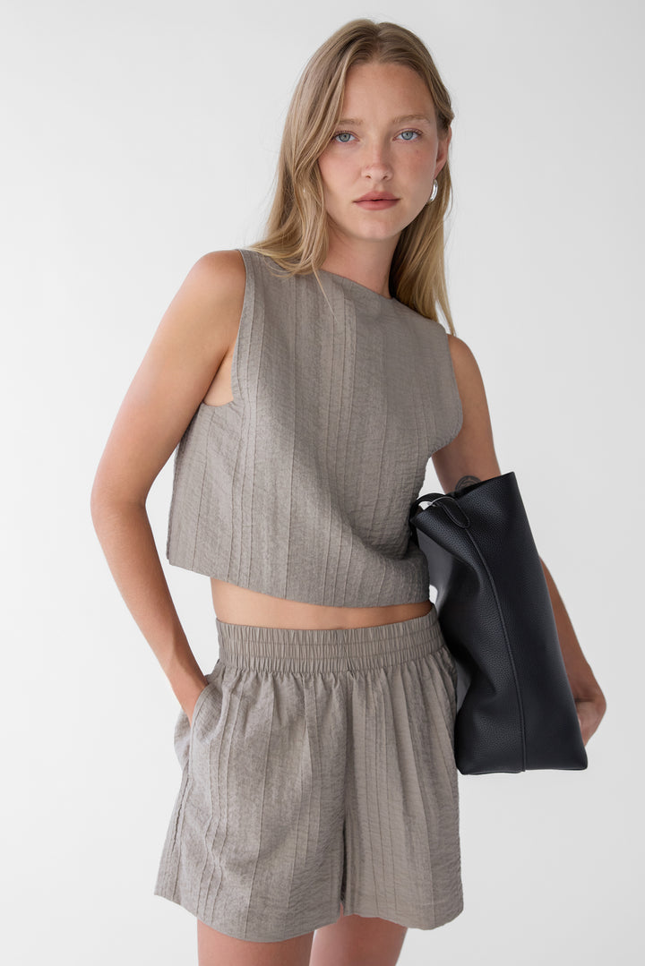 GAUZE TIE FRONT KNIT TANK TOP in Brindle — alternate angle