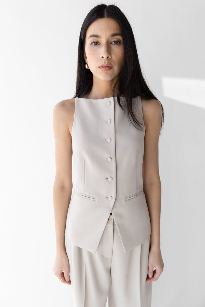 HIGH NECKLINE BUTTON VEST in FEATHER GREY — alternate angle