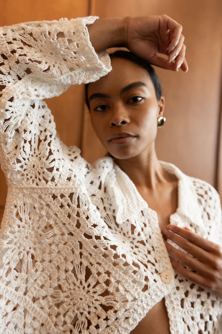 CROCHET BUTTON UP SHIRT in Ivory — alternate angle