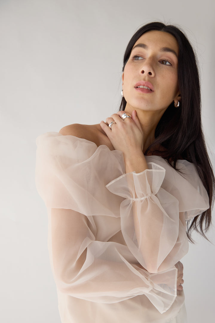 SHEER OFF THE SHOULDER TOP in Dark Beige — alternate angle