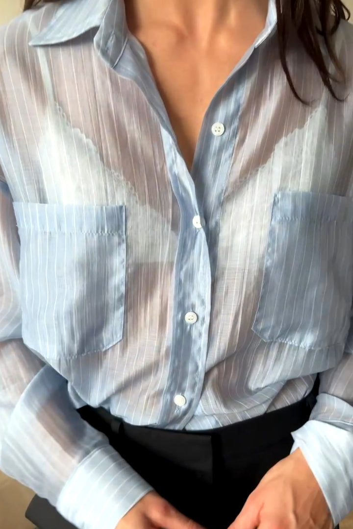 SHEER STRIPE TENCEL BUTTON UP SHIRT in Blue Stripe — alternate angle