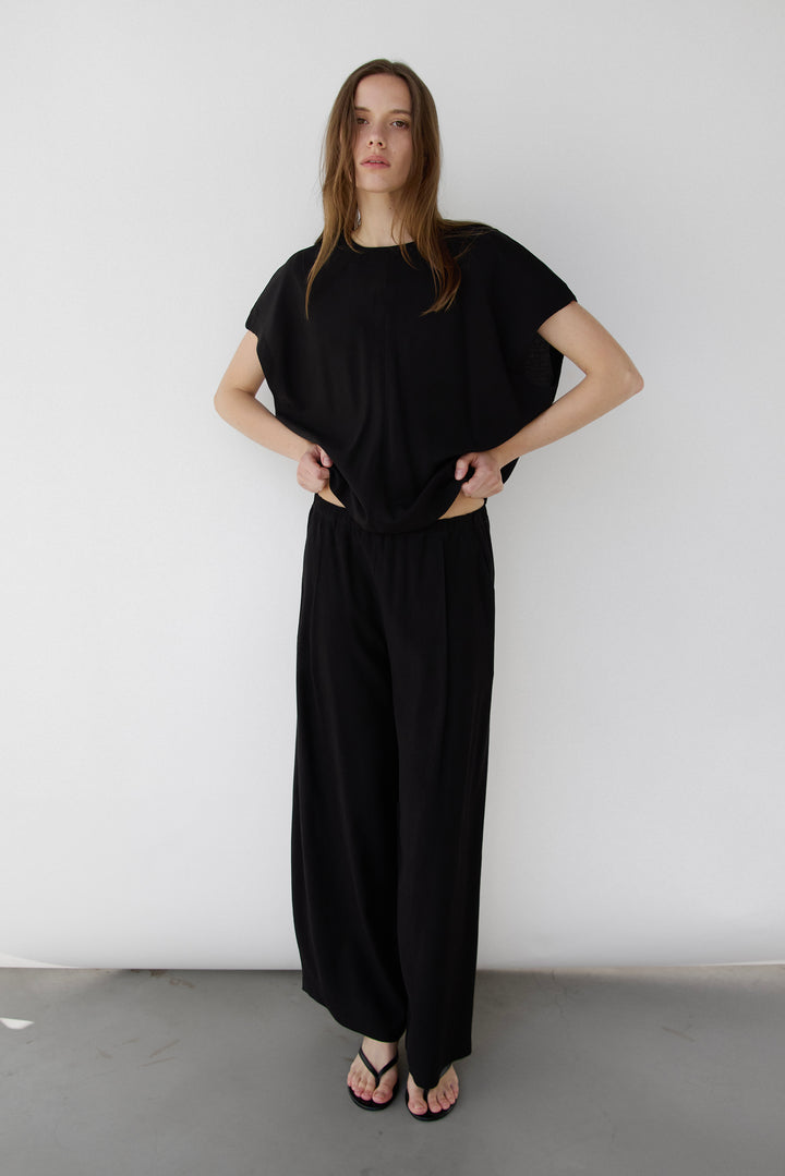 CRINKLED RAYON SHORT SLEEVE TOP in Black — alternate angle