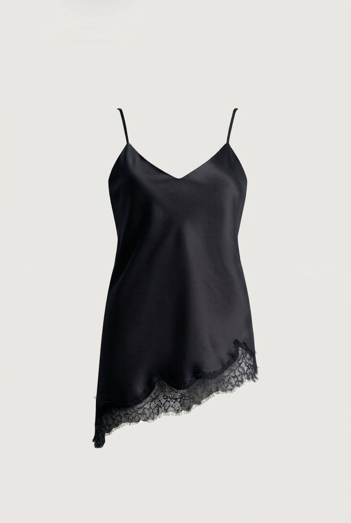ASYMMETRICAL SATIN LACE TRIM TANK TOP in Black — alternate angle