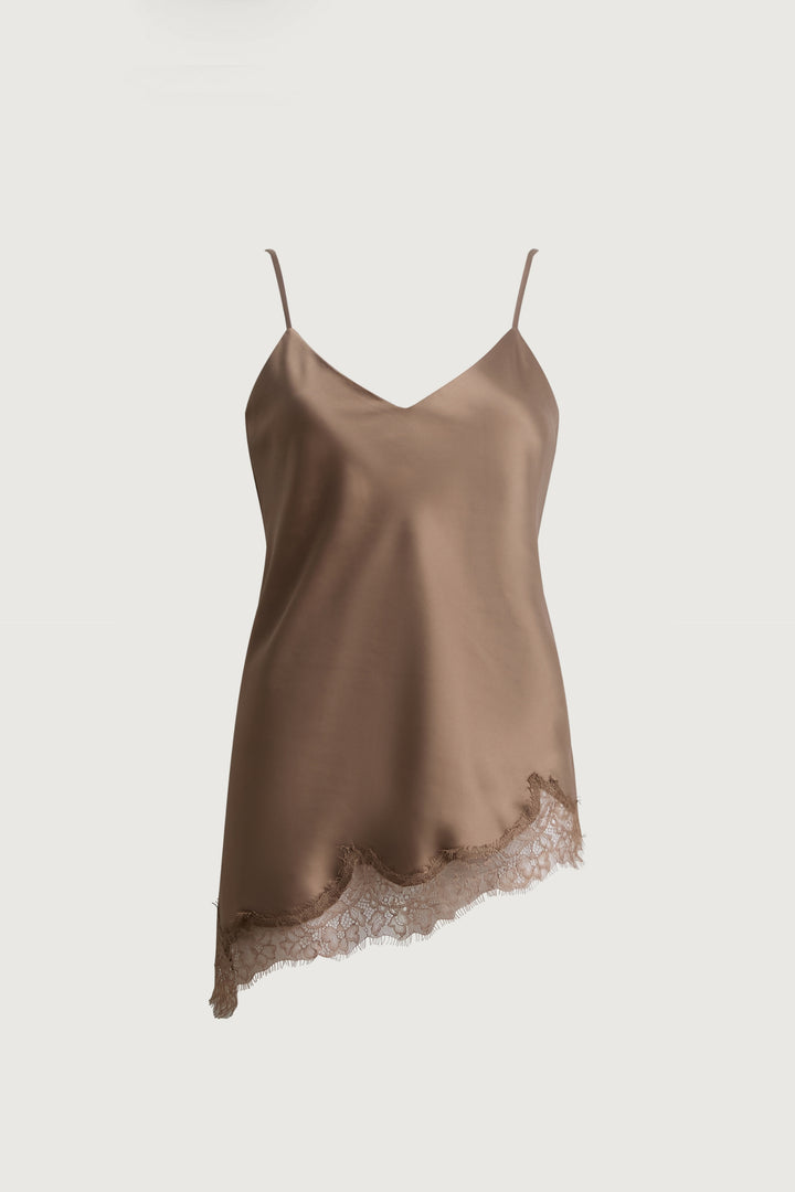 ASYMMETRICAL SATIN LACE TRIM TANK TOP in Brindle — alternate angle