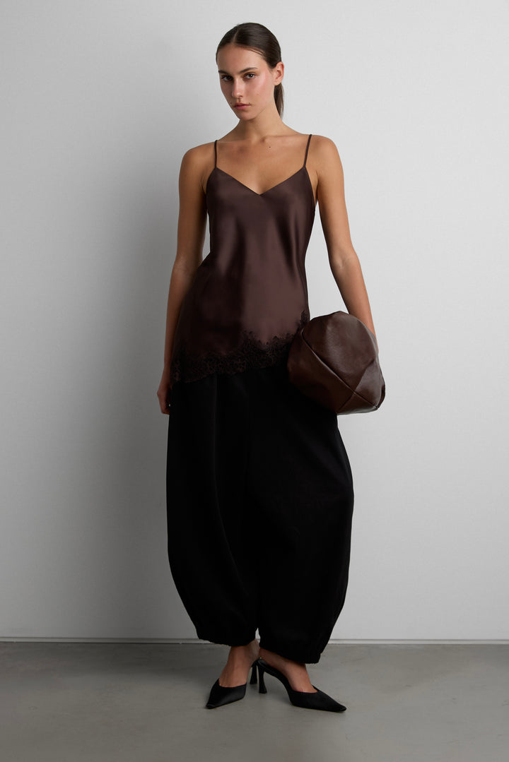 ASYMMETRICAL SATIN LACE TRIM TANK TOP in Coffee Bean — alternate angle
