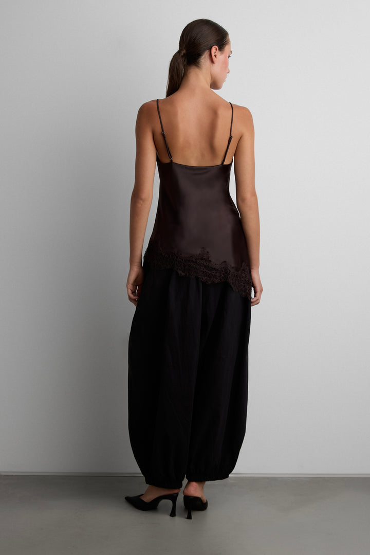 ASYMMETRICAL SATIN LACE TRIM TANK TOP in Coffee Bean — alternate angle