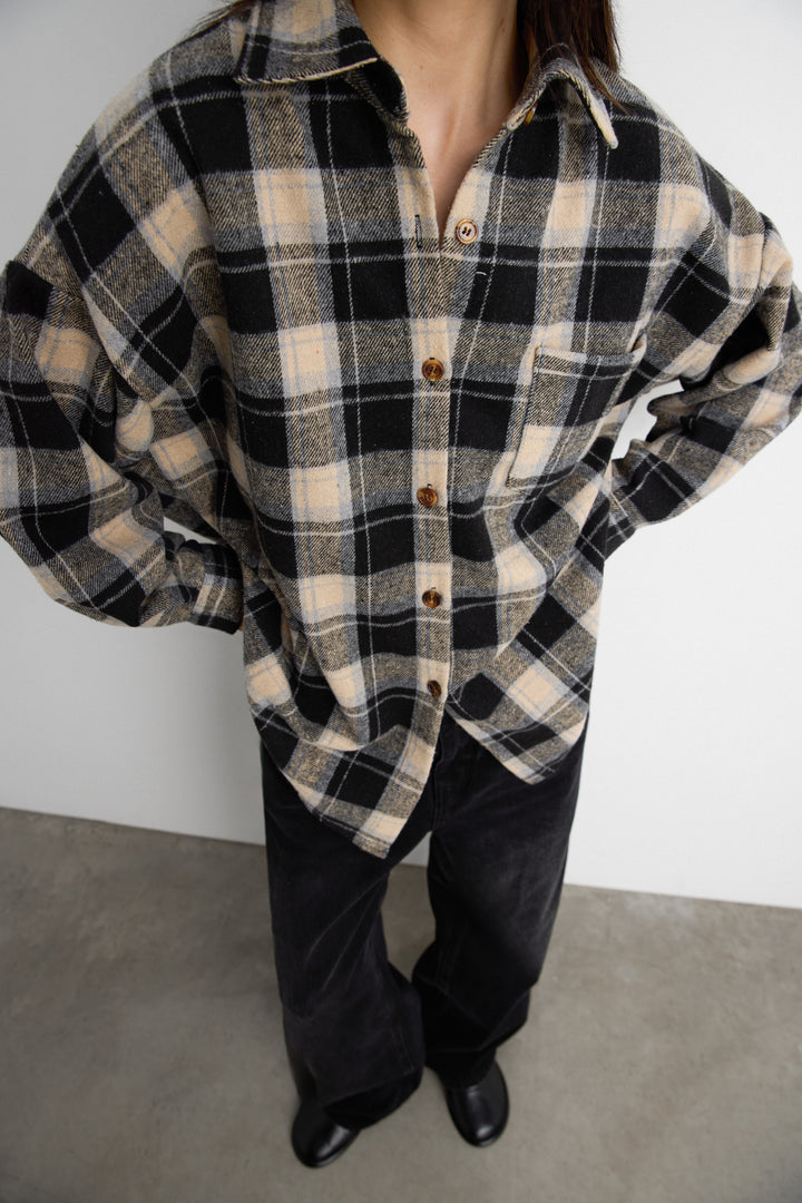 OVERSIZED BRUSHED WOOL PLAID BUTTON UP SHIRT in Black Plaid — alternate angle