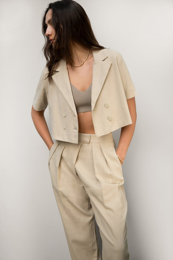 COTTON LINEN WOVEN TOP in Beige — alternate angle