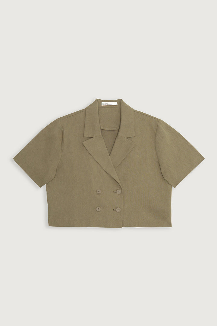 COTTON LINEN WOVEN TOP in Taupe — alternate angle