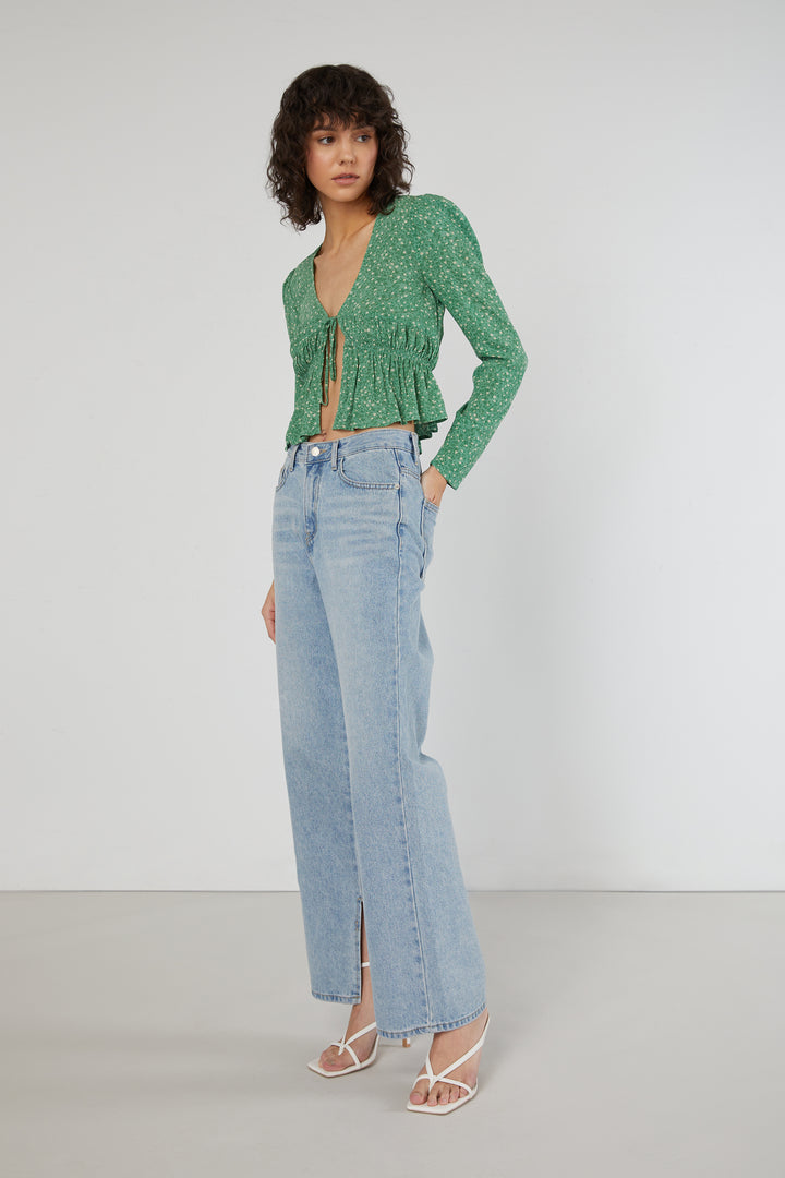 FLORAL V-NECK BLOUSE in Bright Mint Print — alternate angle