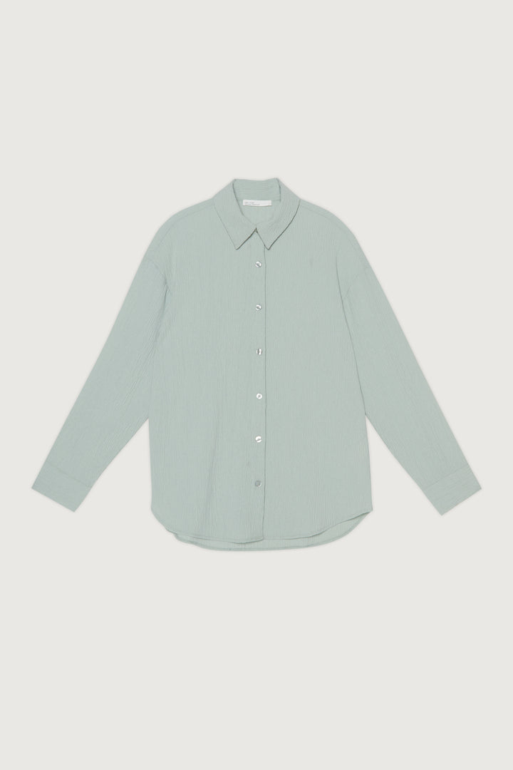 CRINKLE BUTTON UP in Aqua Grey — alternate angle