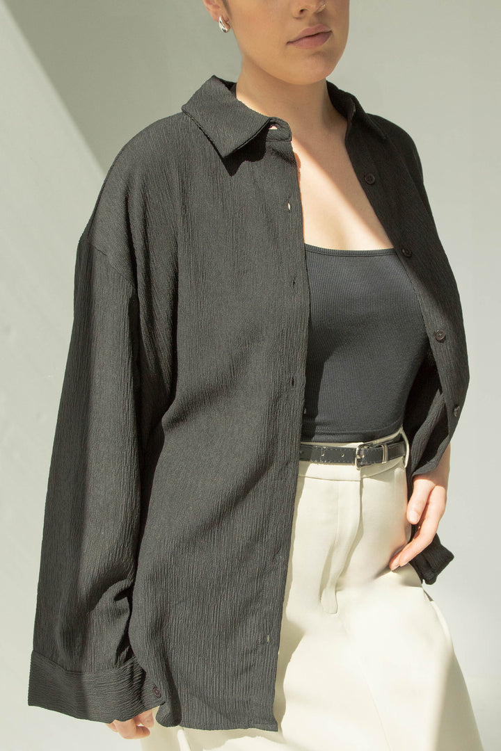 CRINKLE BUTTON UP in Black — alternate angle