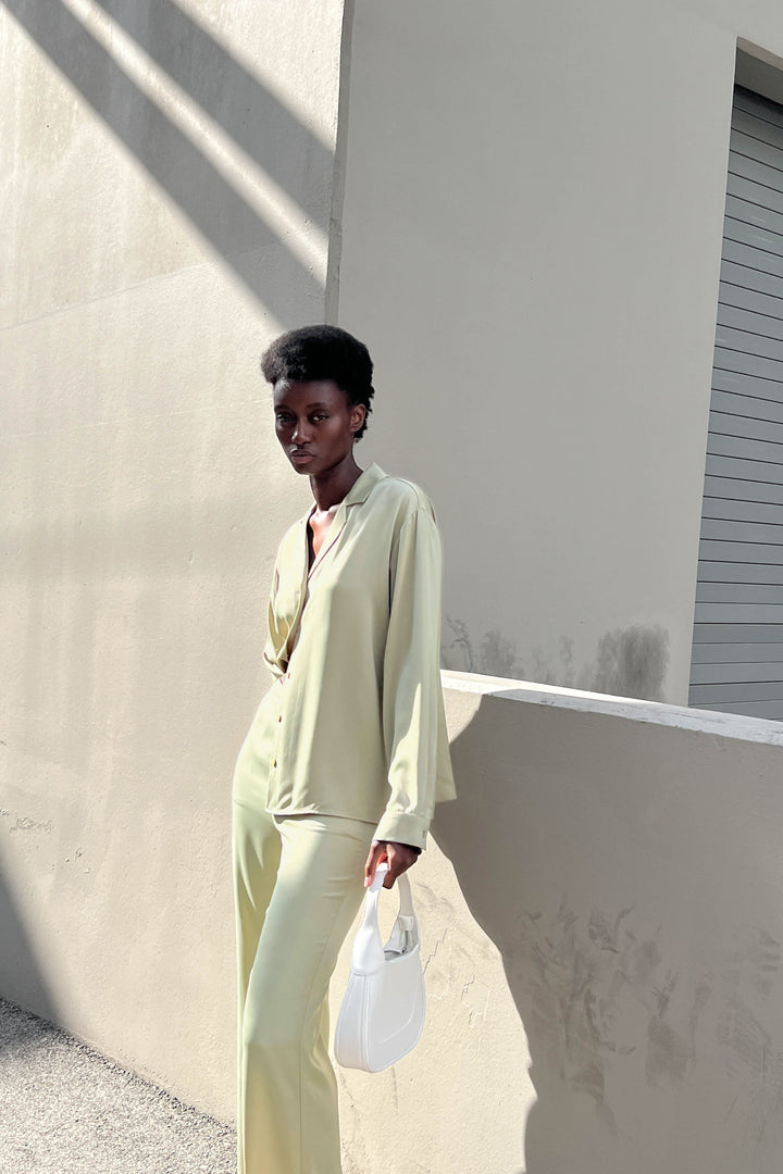 SATIN BUTTON UP BLOUSE in Elm — alternate angle