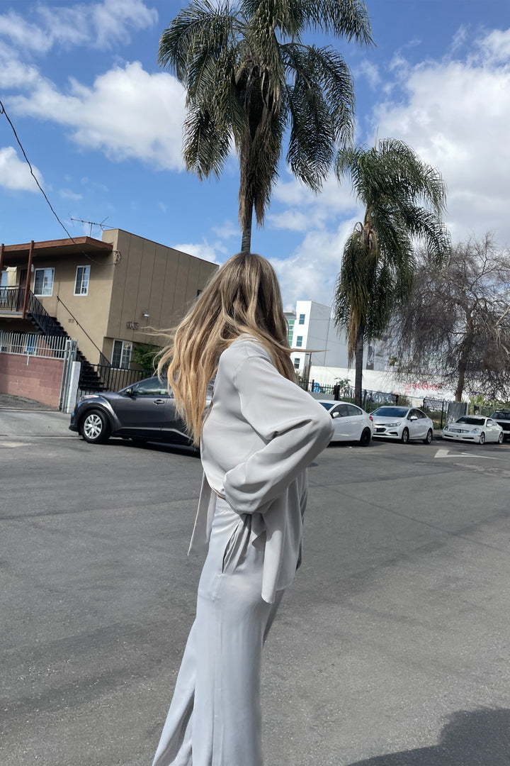 SATIN BUTTON UP BLOUSE in Storm — alternate angle