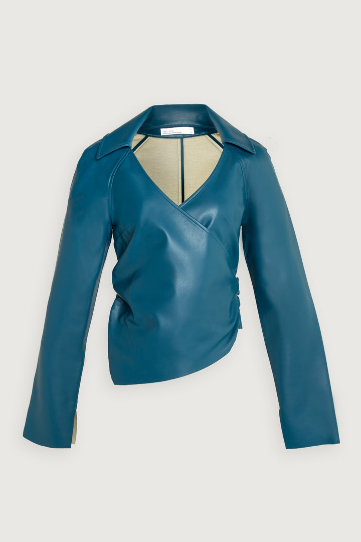 VEGAN LEATHER WRAP TOP in Legion Blue — alternate angle
