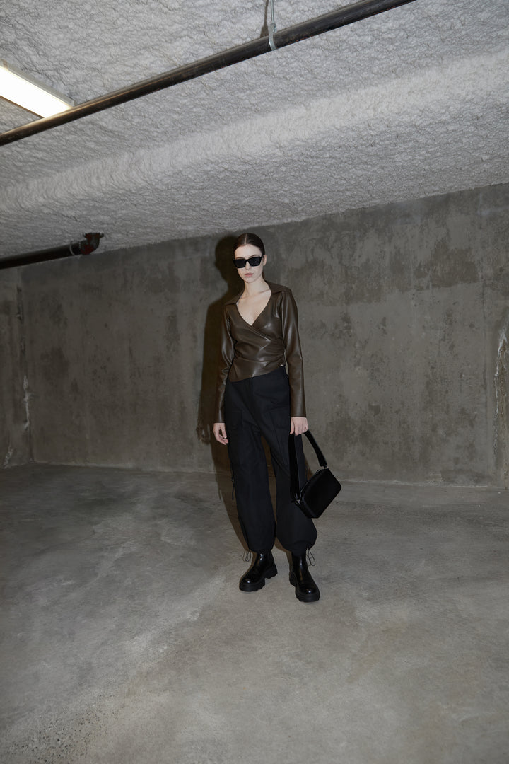 VEGAN LEATHER WRAP TOP in Turkish Coffee — alternate angle