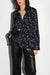 Printed satin button-up blouse in black blue floral — main image