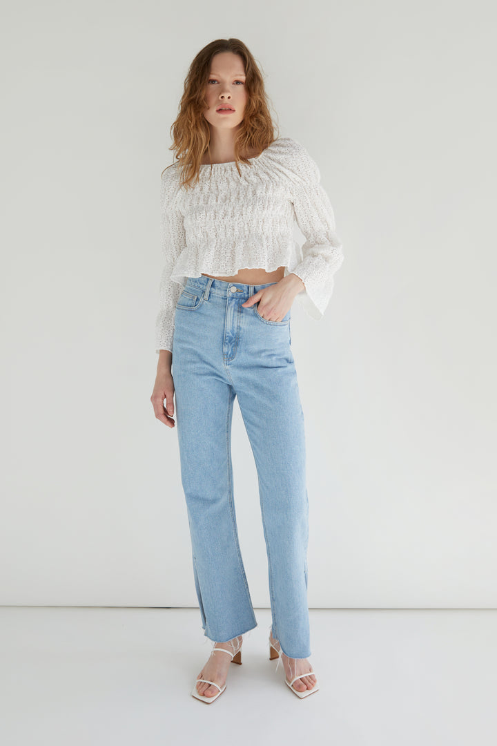 OFF SHOULDER RUCHED TOP in White — alternate angle