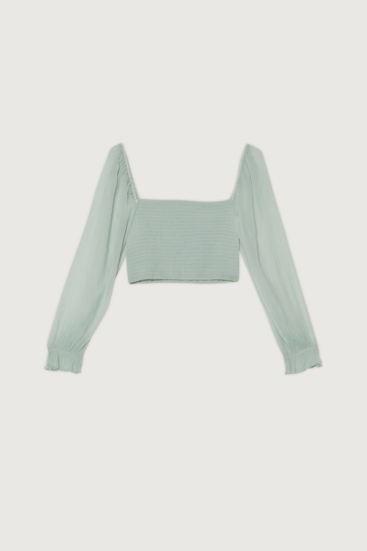 SMOCKED RUFFLE SLEEVE BLOUSE in Aqua Grey — alternate angle