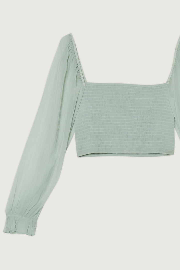 SMOCKED RUFFLE SLEEVE BLOUSE in Aqua Grey — alternate angle