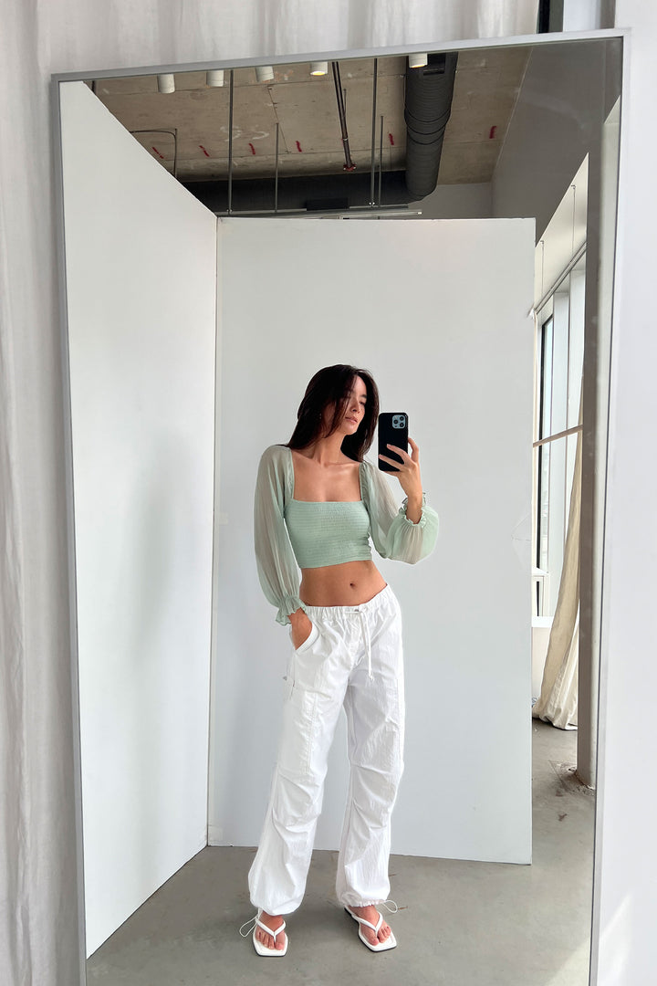 SMOCKED RUFFLE SLEEVE BLOUSE in Aqua Grey — alternate angle